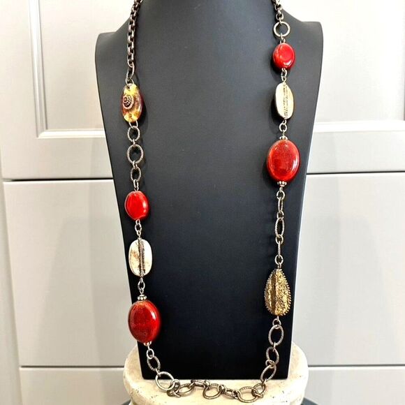 Chico's Long Beaded Chain Link Ceramic and Metal Statement Necklace - Picture 1 of 5